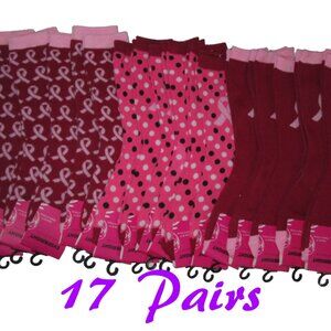 17 Pair Breast Cancer Awareness Pink Ribbon Crew Socks Shoe Size 4-10